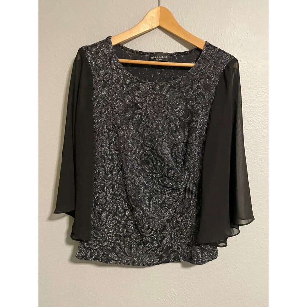 VTG Connected Apparel Women Top Small Black Floral Lace Trim Glitter Whimsigoth
